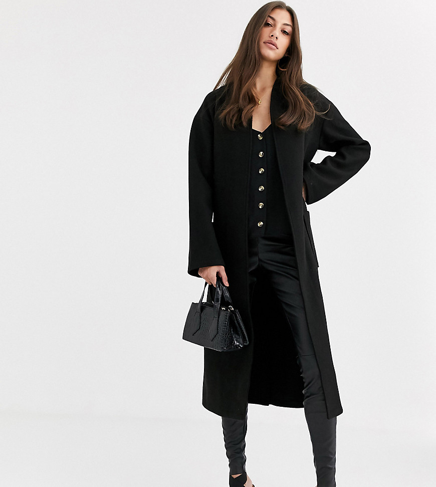 Fashion Union Tall longline wool coat with belt-Black