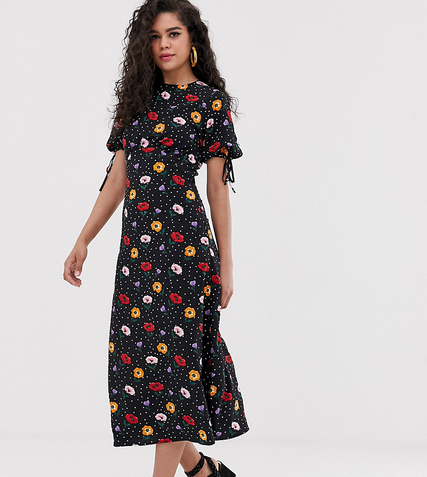Fashion Union Tall - Midi-jurk met bloemenprint-Zwart