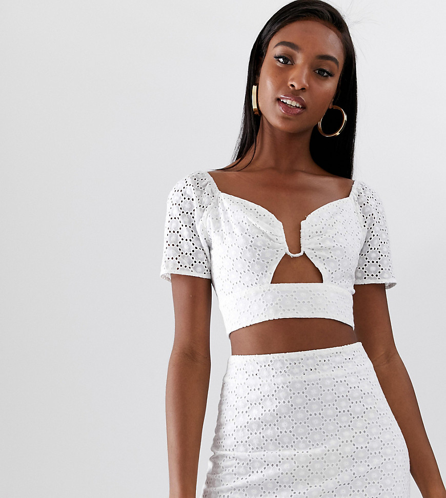 Fashion Union Tall ring front crop top in broderie co-ord-White