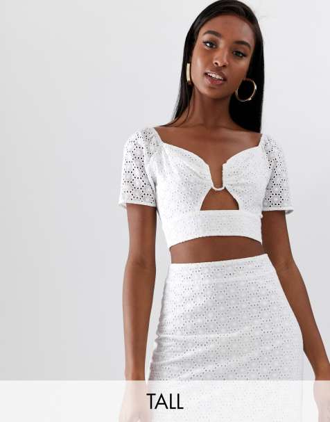 Fashion Union Tall ring front crop top in broderie co-ord