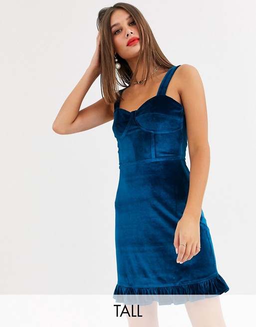 Fashion Union Tall ruffle hem mini dress with built up strap in blue velvet