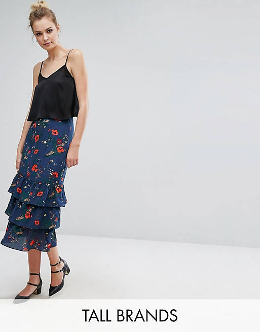 Fashion Union Tall Ruffle Midi Skirt In Floral Print