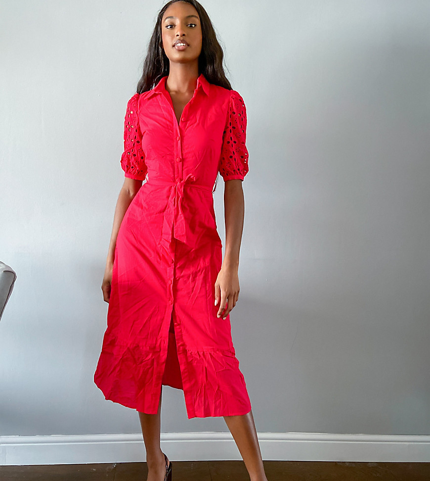 Fashion Union – Tall – Skjortklänning i midimodell med broderad ärm-Röd
