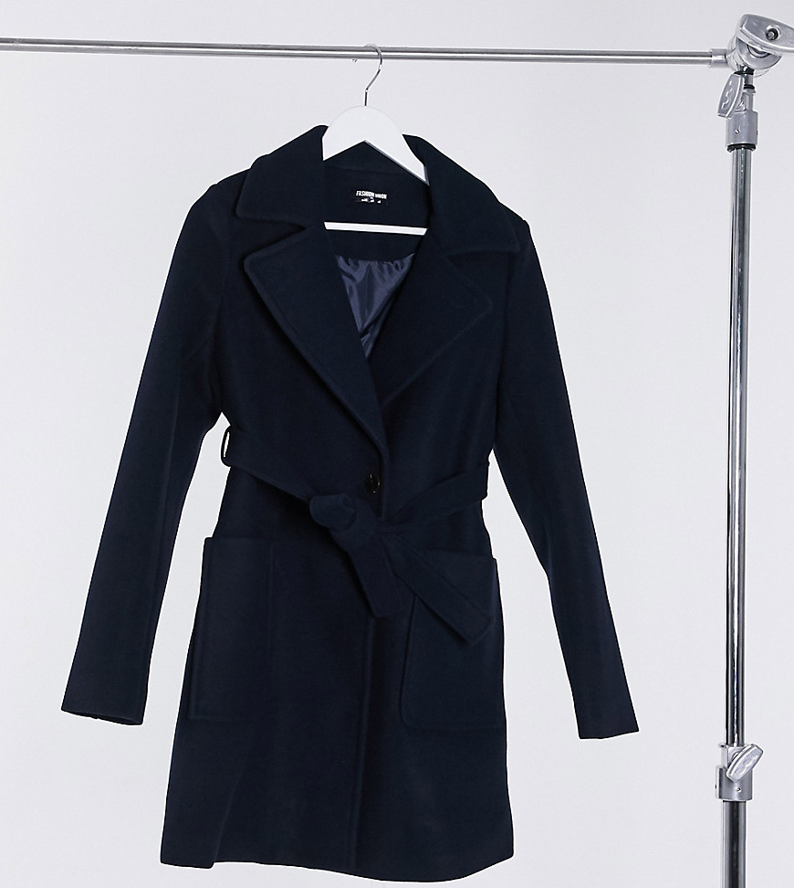 Fashion Union Tall wrap coat with belt-Blues