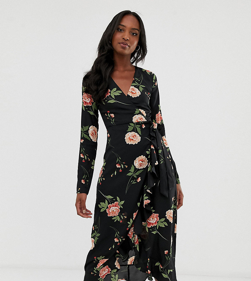 Fashion Union Tall wrap midi dress in oversize floral-Black