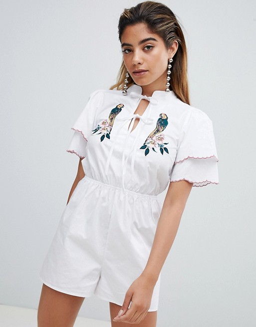 Fashion Union Tea Romper With Tie Neck And Parrot Embroidery | ASOS