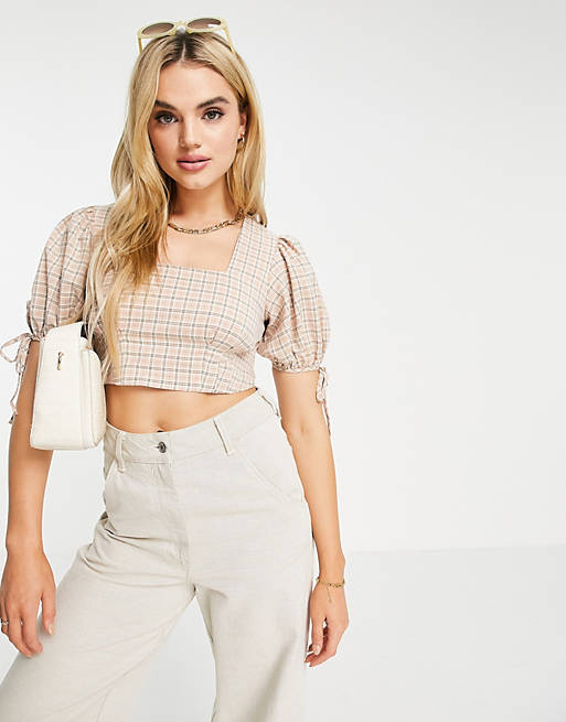 Fashion Union tie back cropped blouse in peach check