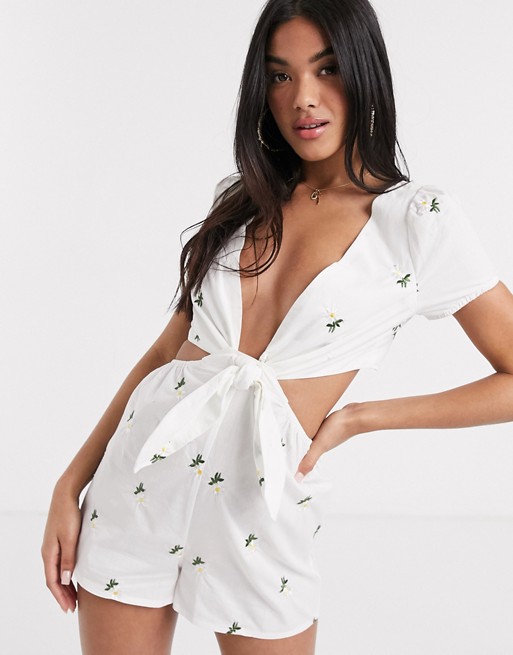 Fashion Union tie front embroidery beach playsuit in white