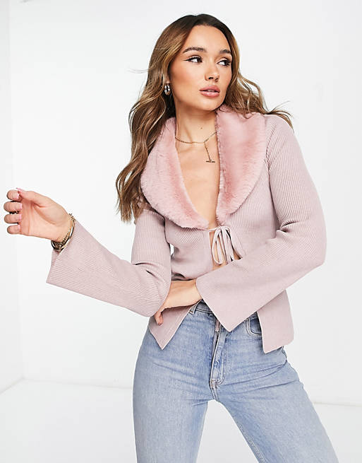  Fashion Union tie front knit cardigan with faux fur collar 