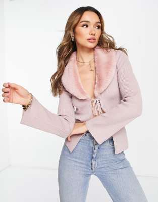 Fashion Union tie front knit cardigan with faux fur collar