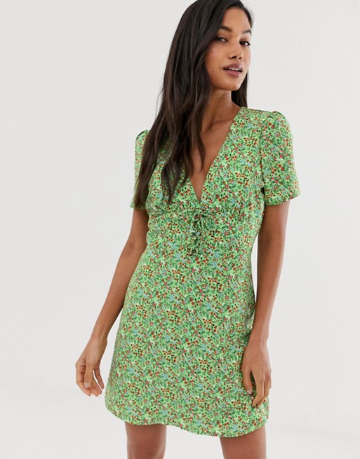 Fashion Union tie front mini dress in ditsy floral