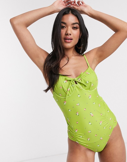 Fashion Union underwire swimsuit with ruching detail in green floral print