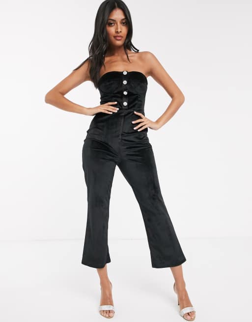 VELVET JUMPSUIT WITH RHINESTONE STRAPS - Black