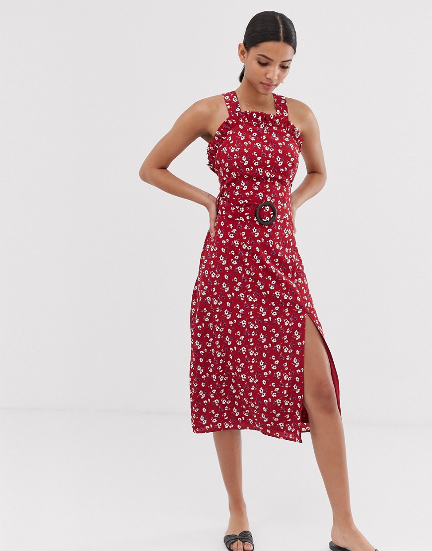 Fashion Union - Vestito midi a fiori con scollatura arrotondata e cintura in vita-Rosso