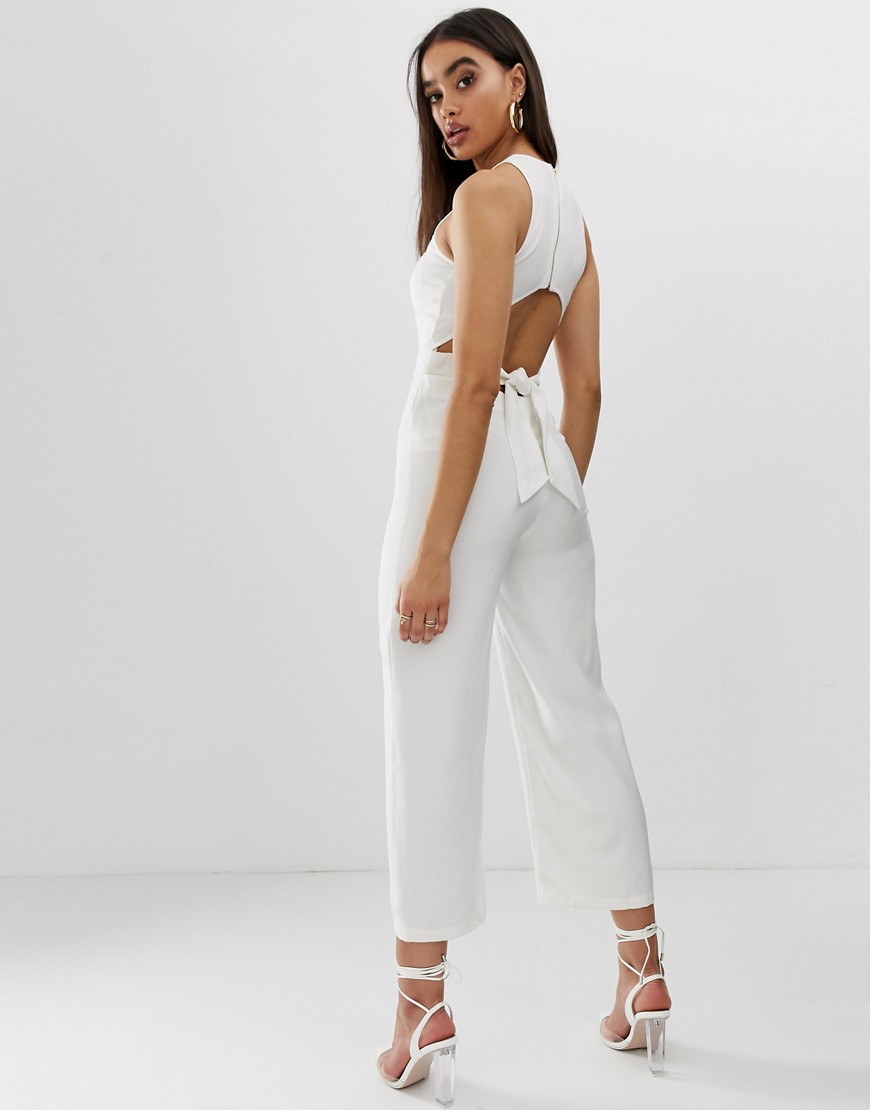 Fashion Union wide leg jumpsuit with cut out back-Cream