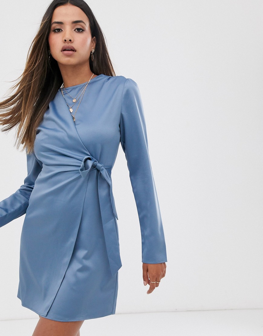 Fashion Union wrap dress with tie detail in satin-Blue