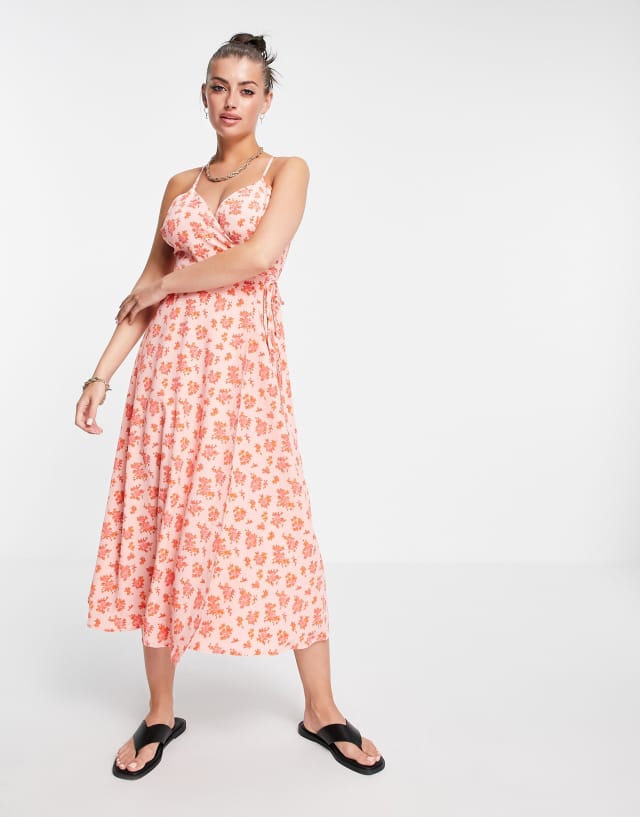 Fashion Union wrap midi dress with cross cami straps in vintage floral
