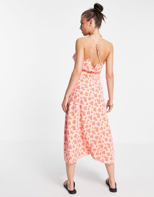 Fashion Union wrap midi dress with cross cami straps in vintage floral