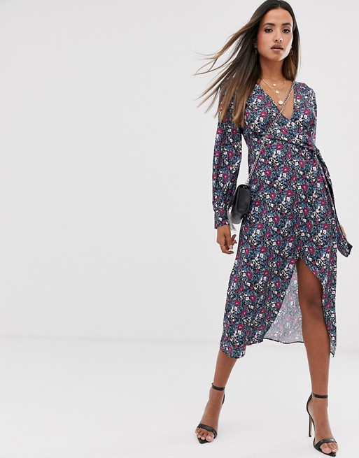 Fashion Union wrap midi dress with tie side in vintage floral