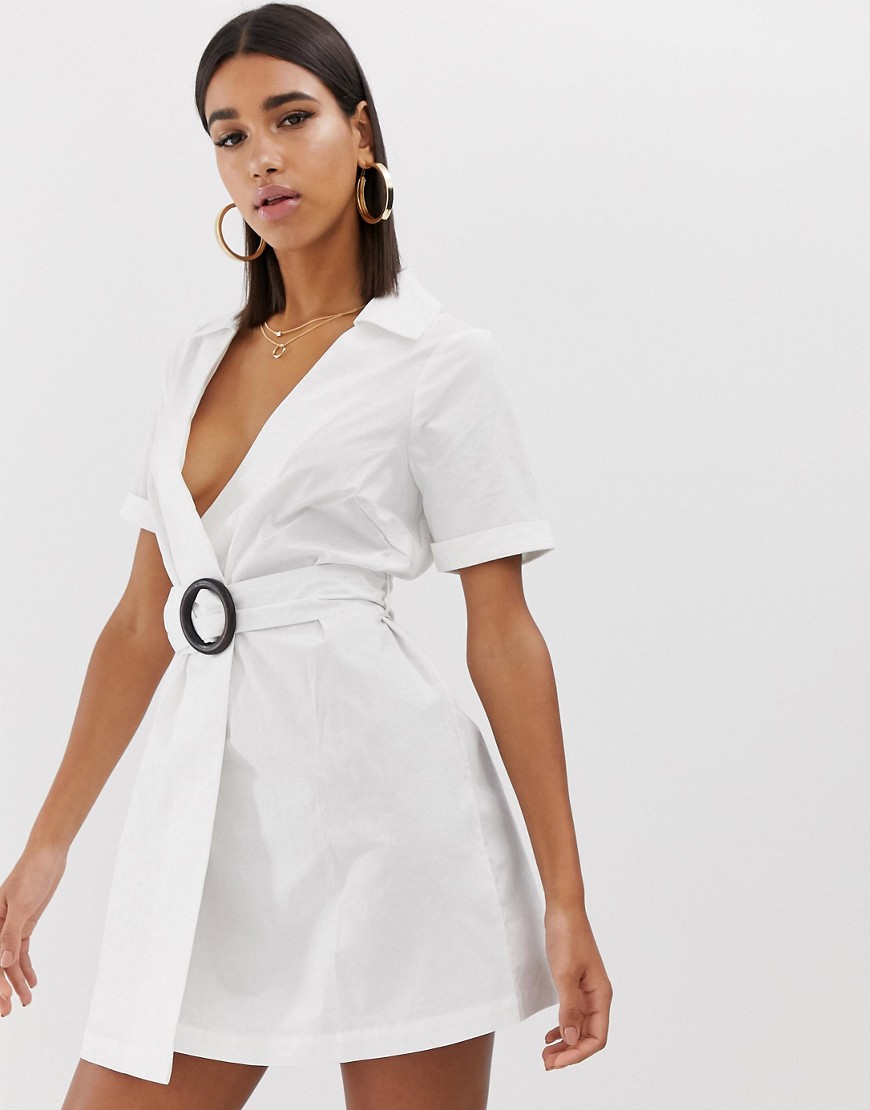 Fashion Union wrap shirt dress with wooden ring detail-White