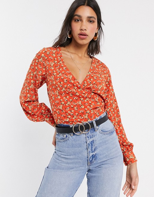 Fashion Union wrap top in ditsy floral