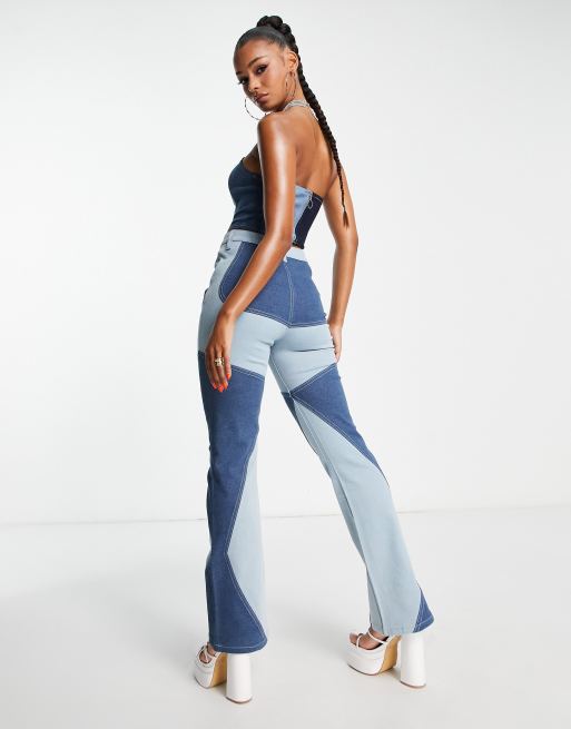 Fashionkilla 90's flared jeans in patchwork blue | ASOS