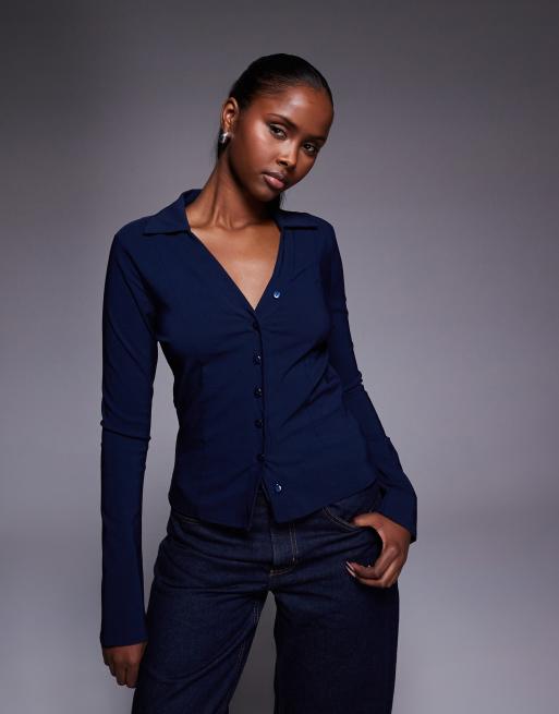 Fashionkilla - Aansluitende blouse van bengaline met licht uitlopende mouwen in marineblauw