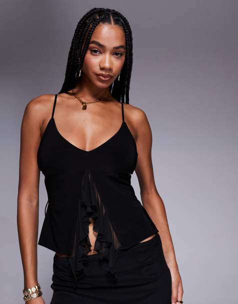 Fashionkilla – Anschmiegsames, doppellagig formendes Oberteil in Schwarz mit Netzstoff-Overlay und Rüschen vorne, Kombiteil - view 1