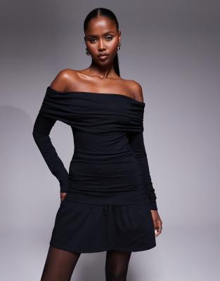 Fashionkilla - Bardot-Minikleid in Schwarz mit hohem Baumwollanteil, tiefer Taille und Rüschensaum