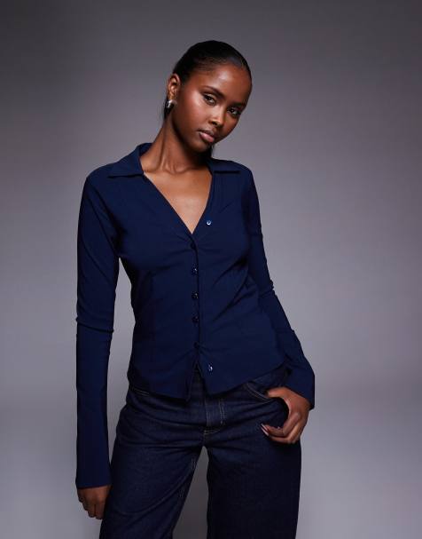 Fashionkilla bengaline flare sleeve fitted shirt in navy - view 1