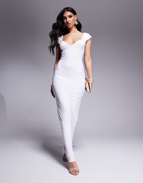 Fashionkilla – Biała dwuwarstwowa sukienka maxi bodycon z dekoltem w kształcie serca i odkrytymi plecami i przylegającym modelującym fasonie - view 1