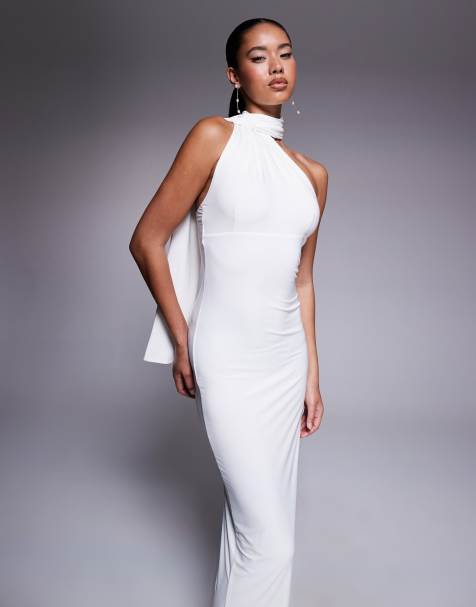 Fashionkilla – Biała dwuwarstwowa sukienka modelująca maxi z owijanym szalem - view 1