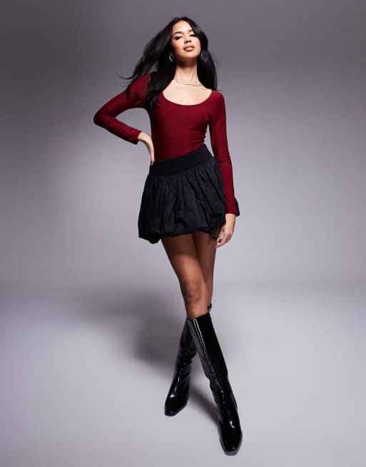 Fashionkilla - Bordeaux stram og formgivende bodystocking i dobbeltlag med dyb rund hals og lange ærmer - Kun hos ASOS 