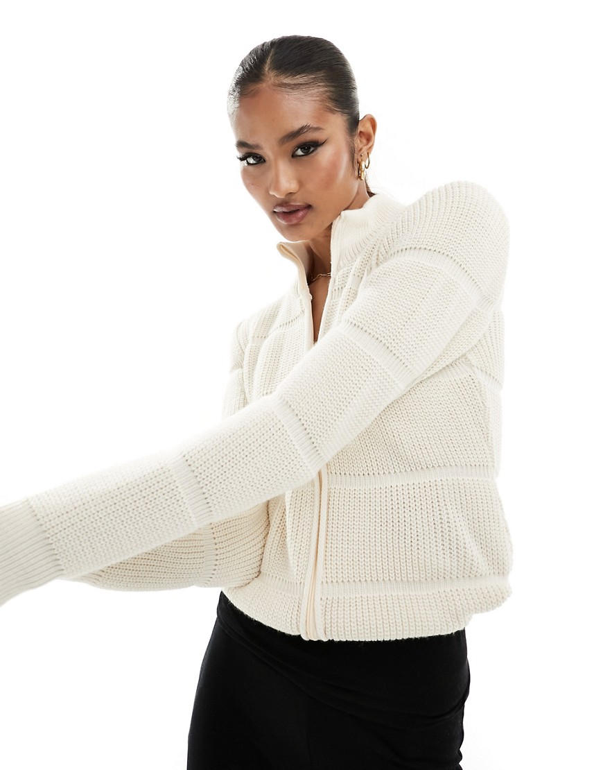 Fashionkilla bubble knitted zip through jumper in cream-White