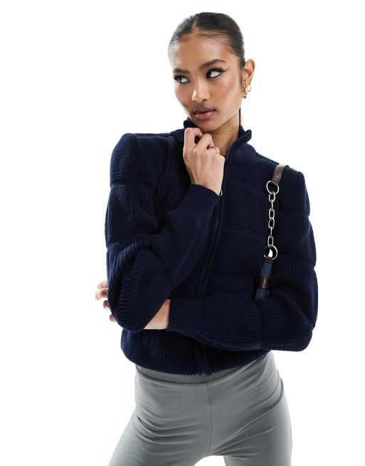Fashionkilla bubble knitted zip through jumper in navy