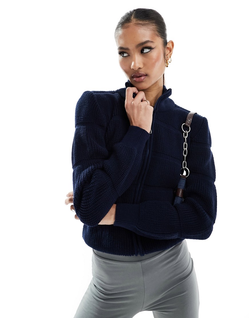 Fashionkilla Bubble Knitted Zip Through Sweater In Navy-blue