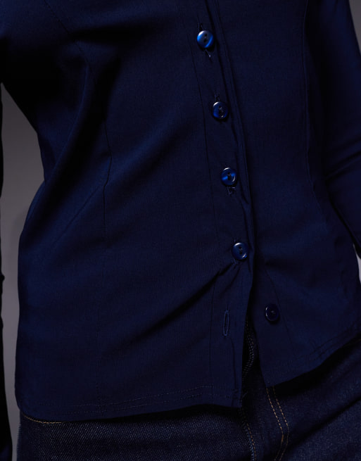 Fashionkilla - Camicia aderente in bengalina blu navy con maniche svasate, 2 di 4
