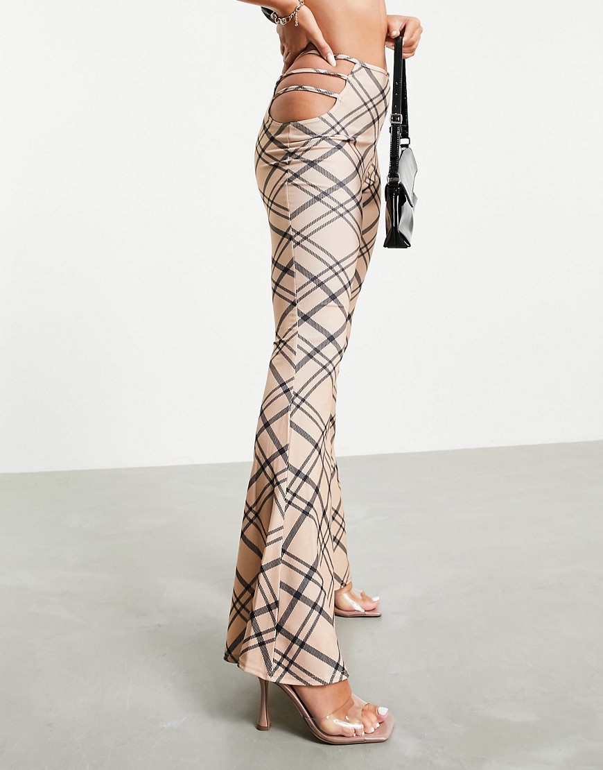 Fashionkilla check pants with cut-out detail in tan-Multi