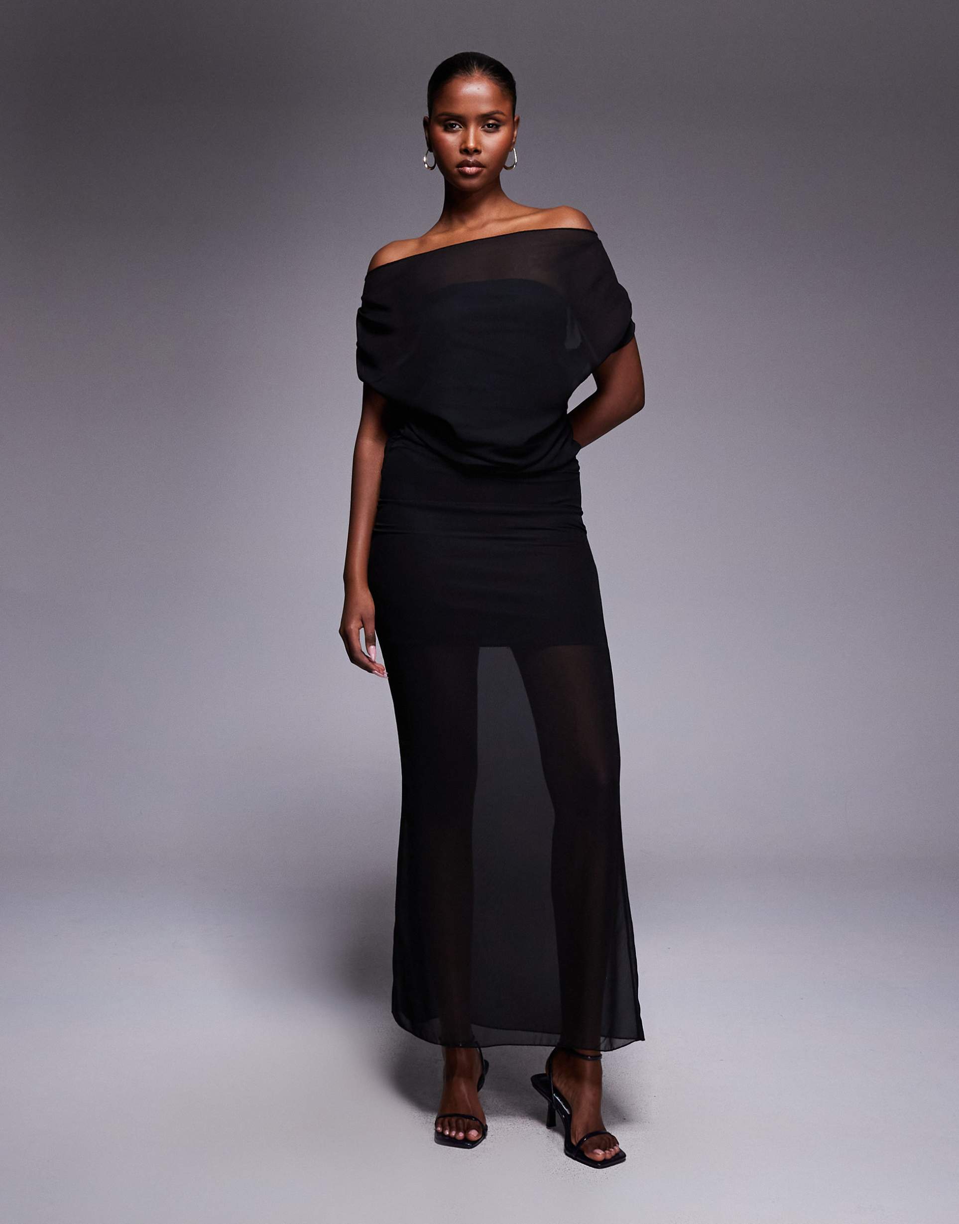 fashionkilla chiffon bandeau cape detail gathered waist sheer hem maxi dress in black