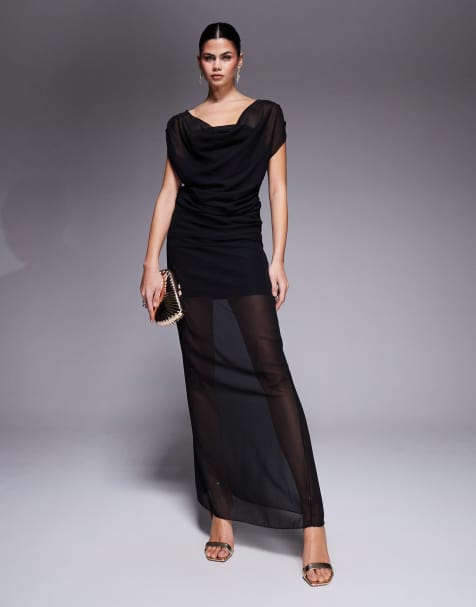 Fashionkilla chiffon bandeau cape detail gathered waist sheer hem maxi dress in black