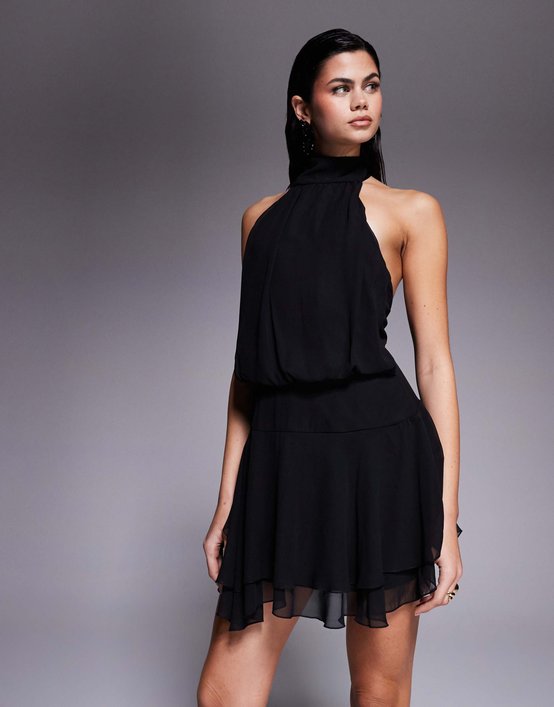 fashionkilla chiffon halterneck foldover detail ruffle skirted mini dress in black