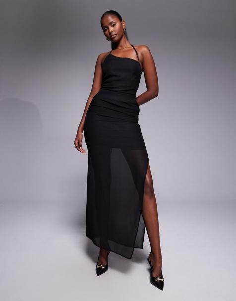Fashionkilla chiffon halterneck lace up open back detail sheer hem maxi dress in black - view 1