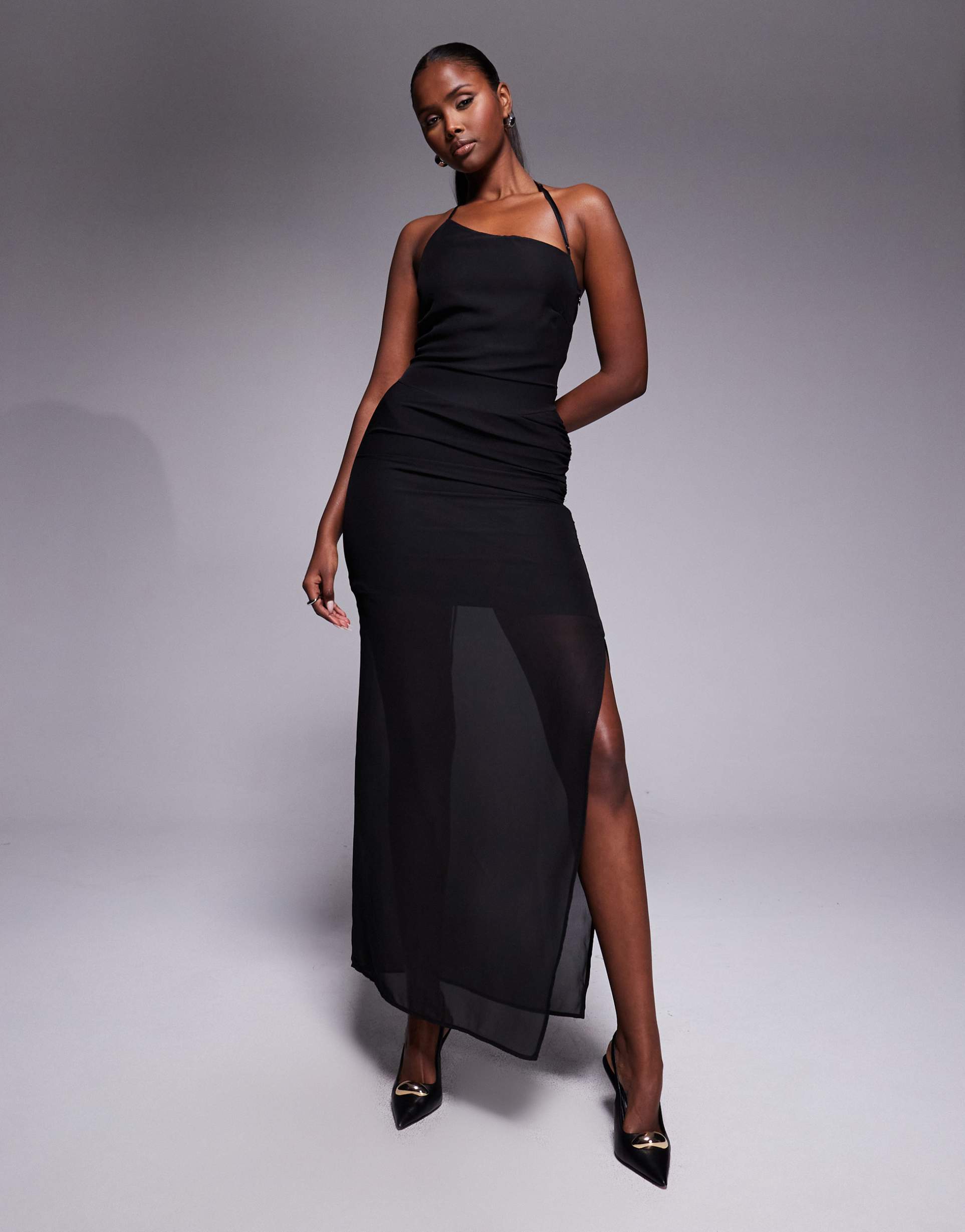 fashionkilla chiffon halterneck lace up open back detail sheer hem maxi dress in black