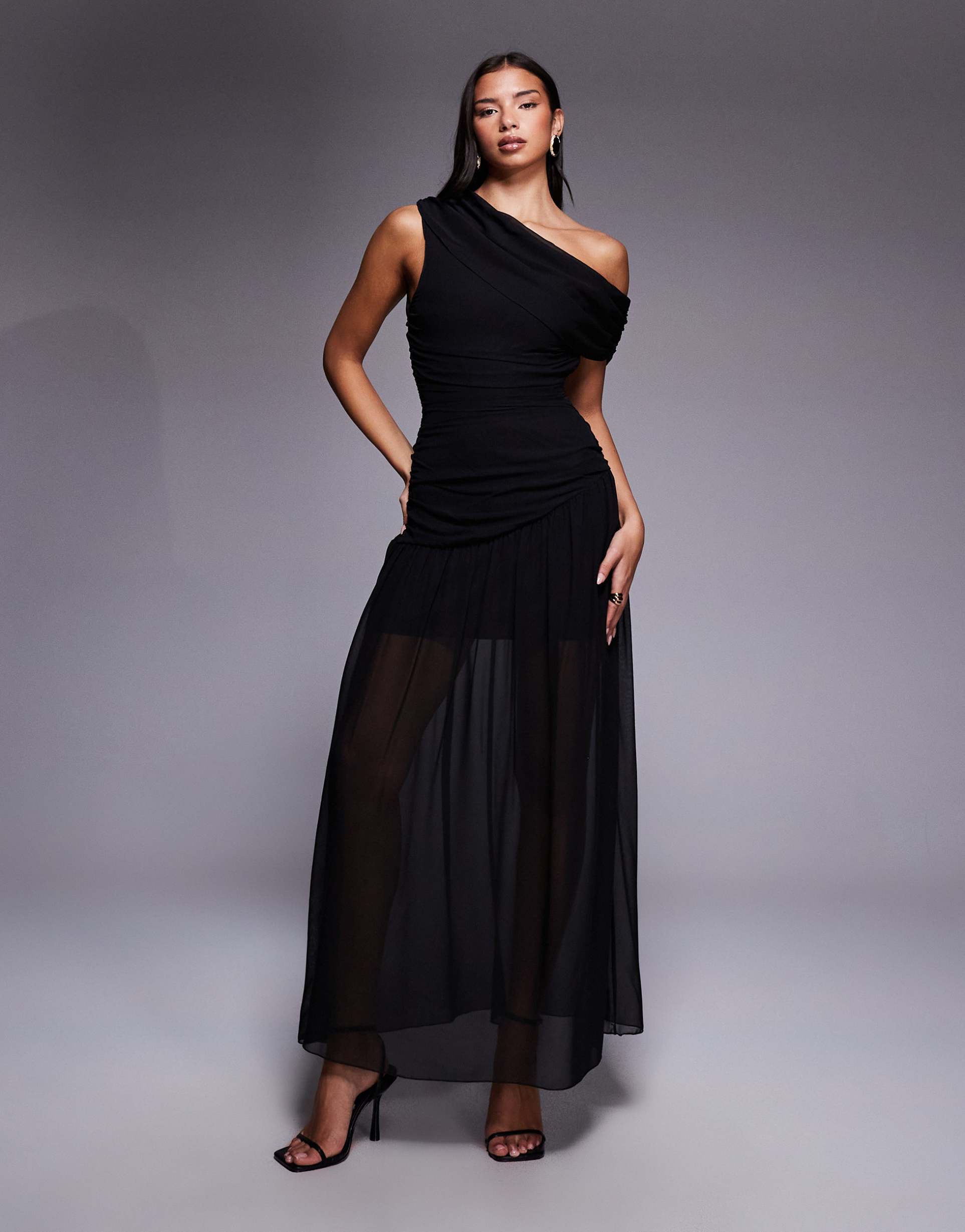 fashionkilla chiffon off shoulder asymmetric gathered sheer hem maxi dress in black