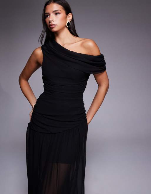 Fashionkilla chiffon off shoulder asymmetric gathered sheer hem maxi dress  in black