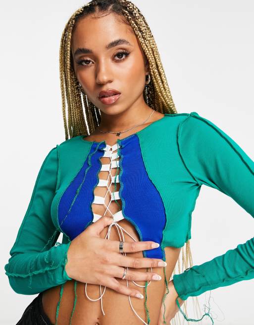 Fashionkilla contrast seam long sleeve crop top in multi ASOS