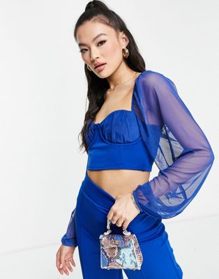 Fashionkilla corset top with puff sleeve detail co ord in cobalt