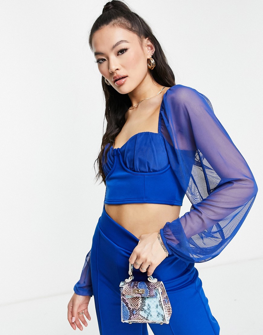 Fashionkilla corset top with puff sleeve detail in cobalt - part of a set-Blues