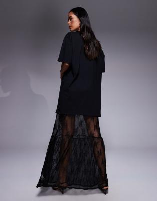 Fashionkilla Cotton Blend Lace Tiered Hem Maxi T-shirt Dress In Black