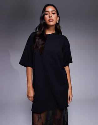 Fashionkilla Cotton Blend Lace Tiered Hem Maxi T-Shirt Dress in Black